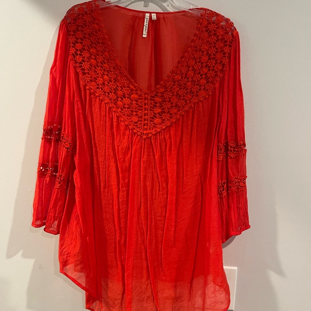 Grand & Greene Vibrant Orange Blouse with Crochet Details